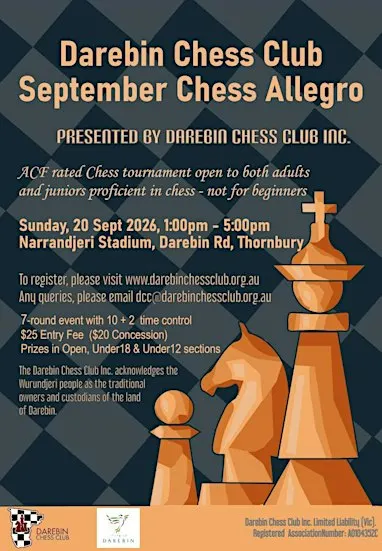 Darebin Chess Club, September 2026 Chess Allegro