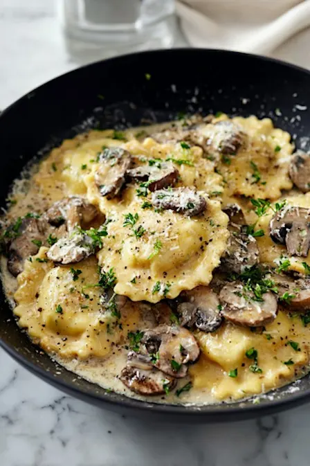 Wild Mushroom Ravioli with Creamy Gorgonzola Sauce and Dessert