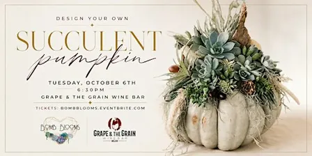 Succulent Pumpkin Design Workshop with Bomb Blooms  at Grape & the Grain.