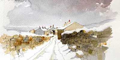 Winter scene in pen and wash with artist, John Harrison.
