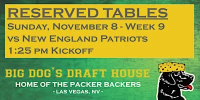 Draft House-Week 9 Packer Game Reserved Tables (Patriots 1:25pm Kickoff)