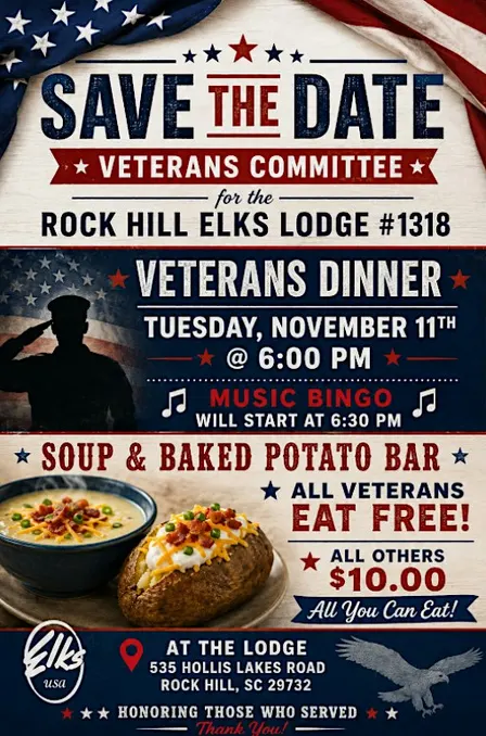 Veterans Dinner - Nov. 11th - Soup and Potato Bar Followed by Music Bingo!