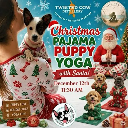 Christmas Pajama Puppy Yoga with Santa at Twisted Cow Distillery