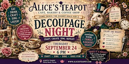 DECOUPAGE NIGHT IN DELRAY BEACH — CRAFT, SING & DINE AT ALICE’S TEAPOT! ✨