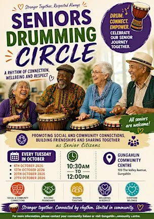 SENIORS WEEKLY DRUMMING AND SOCIAL CONNECTION EVERY TUESDAY MORNING