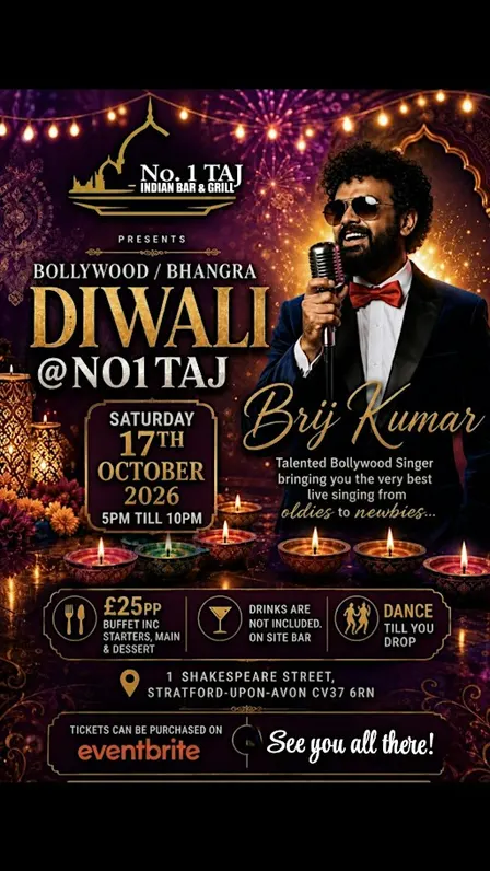 DIWALI CELEBRATION @NO1 Taj Bar & Grill, Stratford Upon Avon CV37 6RN