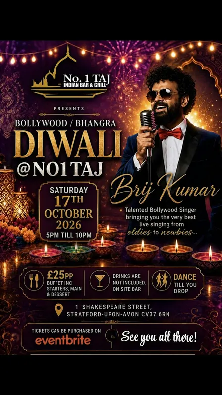 DIWALI CELEBRATION @NO1 Taj Bar & Grill, Stratford Upon Avon CV37 6RN