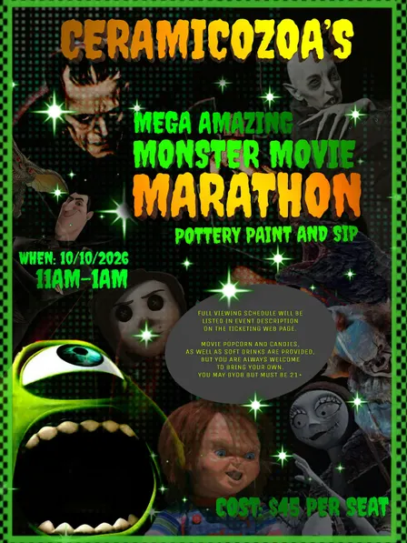 MEGA AMAZING MONSTER MOVIE MARATHON: Halloween Pottery Paint and Sip