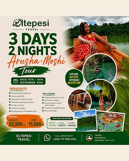 3 Days 2 Nights Arusha-Moshi Trip @ KES 22500 only