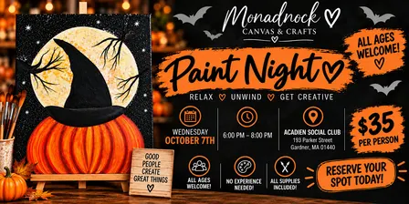 Spooky Pumpkin Paint Night- Acadien Club, Gardner MA, $35pp