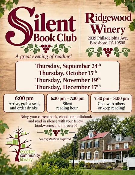 Silent Book Club w/Exter Library 6:30 pm @Ridgewood Winery Bboro 09.24.2026