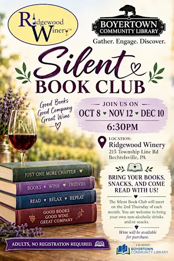 Silent Book Club w/Boyertown Library @Ridgewood Winery Bechtelsville 11.12