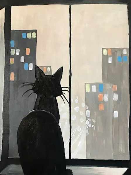 Join our peaceful Snowy City Cat paint and sip painting event