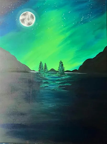 Vibrant Emerald Aurora paint and sip painting event