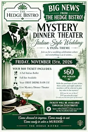Roar into the 1920's with a Wedding Reception and a Murder