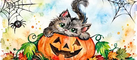 Halloween Watercolor Fun: Cute Cat & Pumpkin