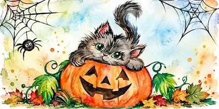 Halloween Watercolor Fun: Cute Cat & Pumpkin