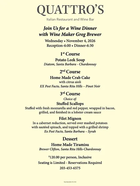 Wine Dinner with Wine Maker Greg Brewer