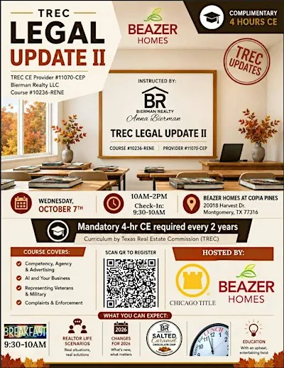 TREC 4hr CE Legal Update II at Beazer Homes in Copia Pines - Montgomery TX