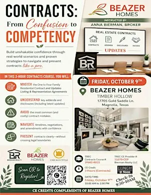 TREC 3hr CE Class: CONTRACTS From Confusion to Competency & More!