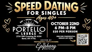 10/22/26 Speed Dating for Singles at Portello Lounge in Bend! (ages 40+)
