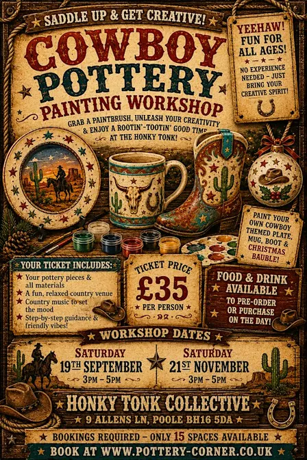 Cowboy / Cowgirl Pottery Painting Workshop - Honky Tonks