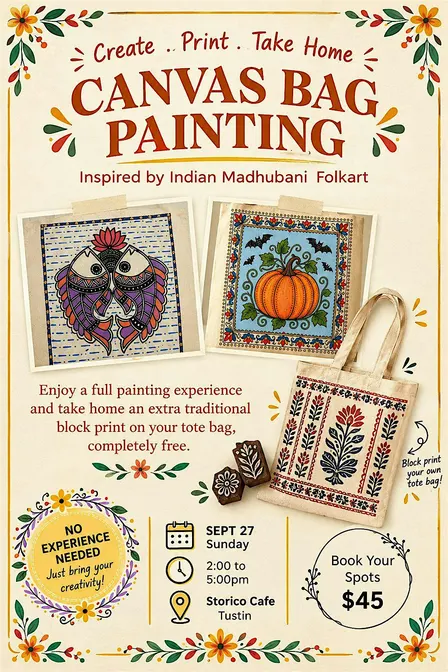 Folk Art Tote Bag Painting + Complimentary Block Printing Workshop