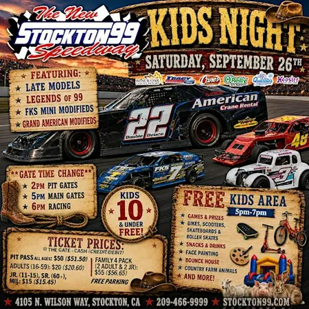 Sept 26th Stockton 99 Kids Night: Racing, Games & Family Fun!