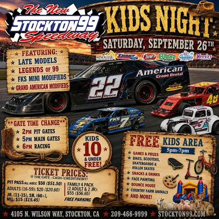 Sept 26th Stockton 99 Kids Night: Racing, Games & Family Fun!