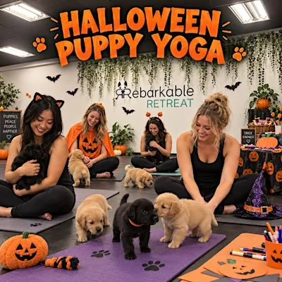 Halloween Puppy Yoga at Rebarkable Retreat