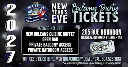 2027 New Year's Eve Bourbon Street Balcony Tickets @ NOLA Cookery