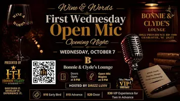 WINE and WORDS  1ST WEDNESDAY | Bonnie & Clyde’s Lounge Opening Night