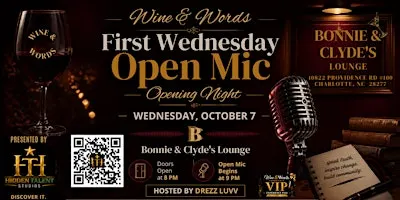 WINE and WORDS  1ST WEDNESDAY | Bonnie & Clyde’s Lounge Opening Night