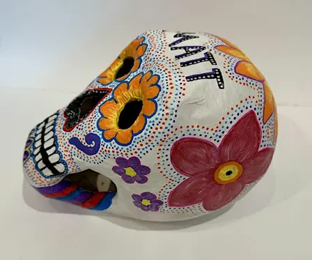 Paper Mache Sugar Skull Painting inspired by Mexico's annual Dia de Muertos