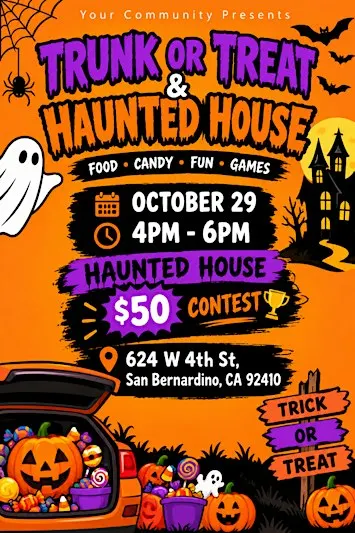 Hunted house trunk or treat free for kids fun games face painting food fun