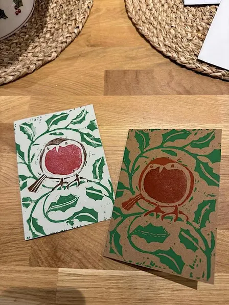 Naze linocut printmaking - Christmas cards