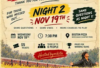 Bollywood Trivia Night 2 @ Boston Pizza Courtney Park (Mississauga)