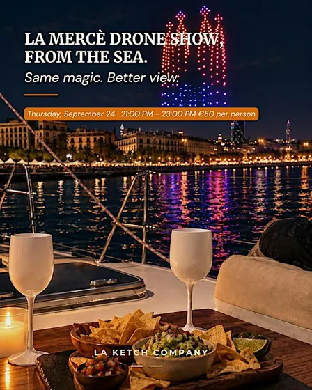 La Mercè from sailboat: Drone Show, Cava & Tapas on the sea ⛵✨