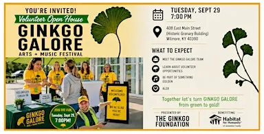 Volunteer Open House (TUEpm, Sept 29) GINKGO GALORE™ Arts + Music Festival