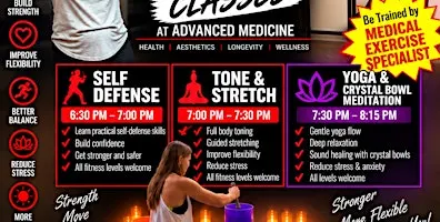 3 Classes one Night Self Defense, Tone and Yoga with Crystal Bowls