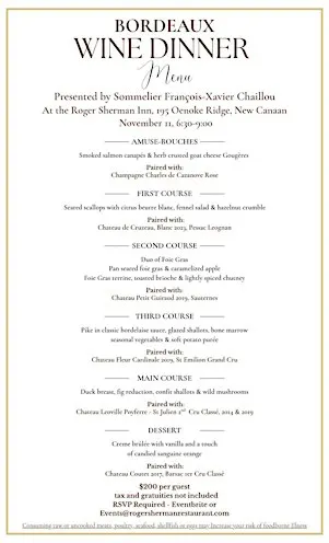 Bordeaux Wine Dinner at The Roger Sherman Inn