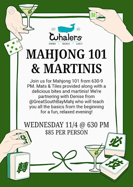 Whalers x @GreatSouthBayMahj Presents: Mahjong 101 and Martinis!