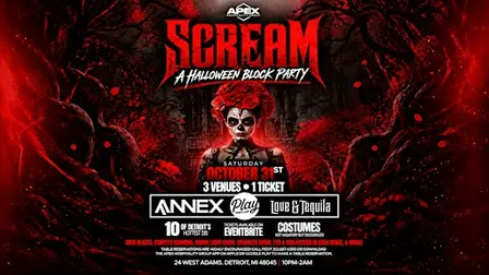 Scream, A Halloween Block Party on October 31. 3 venues, 1 ticket!