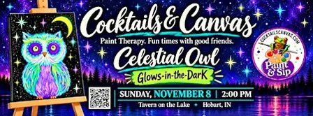 GLOW in the DARK Celestial Owl Cocktails & Canvas Fun Paint & Sip Art Event